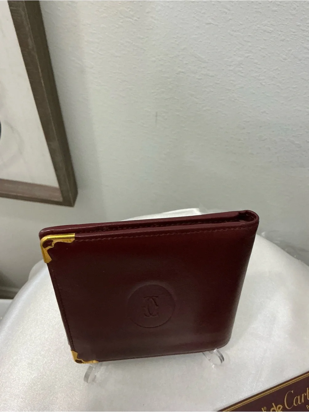 Preowned Vintage Cartier Burgundy Leather Bifold Wallet with 2 COAs